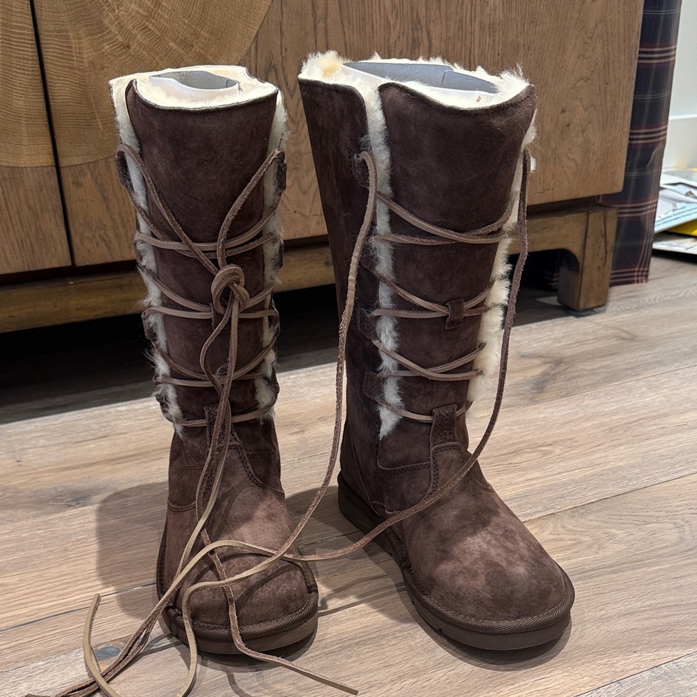 UGG Chocolate Whitley  Lace-Up Boots with Shearling Trim